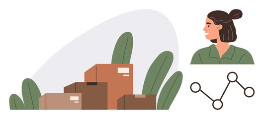 Woman in green shirt glancing at stacked boxes, surrounded by abstract plants and a data flow diagram. Ideal for logistics, inventory, business strategy, teamwork, growth, supply chain, minimalist
