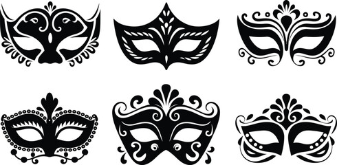 Masquerade Mask Silhouette Vector Collection. Set of decorative black Venetian carnival face masks for Mardi Gras party and costume design