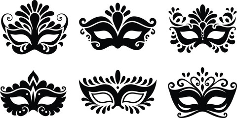 Masquerade Mask Silhouette Vector Collection. Set of decorative black Venetian carnival face masks for Mardi Gras party and costume design