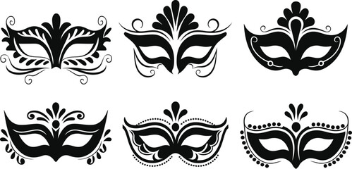 Masquerade Mask Silhouette Vector Collection. Set of decorative black Venetian carnival face masks for Mardi Gras party and costume design