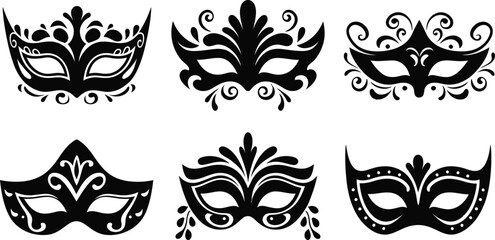 Masquerade Mask Silhouette Vector Collection. Set of decorative black Venetian carnival face masks for Mardi Gras party and costume design