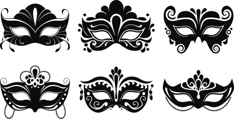 Masquerade Mask Silhouette Vector Collection. Set of decorative black Venetian carnival face masks for Mardi Gras party and costume design