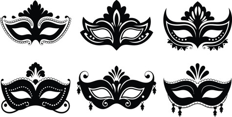 Masquerade Mask Silhouette Vector Collection. Set of decorative black Venetian carnival face masks for Mardi Gras party and costume design