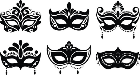Masquerade Mask Silhouette Vector Collection. Set of decorative black Venetian carnival face masks for Mardi Gras party and costume design