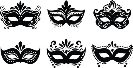 Masquerade Mask Silhouette Vector Collection. Set of decorative black Venetian carnival face masks for Mardi Gras party and costume design
