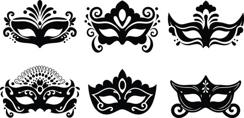 Masquerade Mask Silhouette Vector Collection. Set of decorative black Venetian carnival face masks for Mardi Gras party and costume design