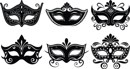 Masquerade Mask Silhouette Vector Collection. Set of decorative black Venetian carnival face masks for Mardi Gras party and costume design