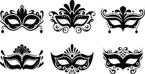 Masquerade Mask Silhouette Vector Collection. Set of decorative black Venetian carnival face masks for Mardi Gras party and costume design
