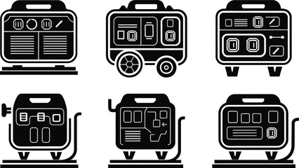Portable Electric Generator Icon Set. Power Equipment Silhouette Vector Collection.