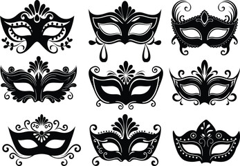Masquerade Mask Silhouette Vector Collection. Set of decorative black Venetian carnival face masks for Mardi Gras party and costume design