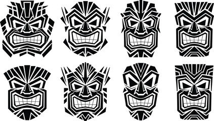 Set of Geometric Tribal Tiki Mask Vector Illustration