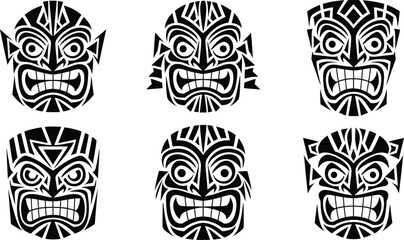 Set of Geometric Tribal Tiki Mask Vector Illustration