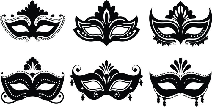Masquerade Mask Silhouette Vector Collection. Set of decorative black Venetian carnival face masks for Mardi Gras party and costume design