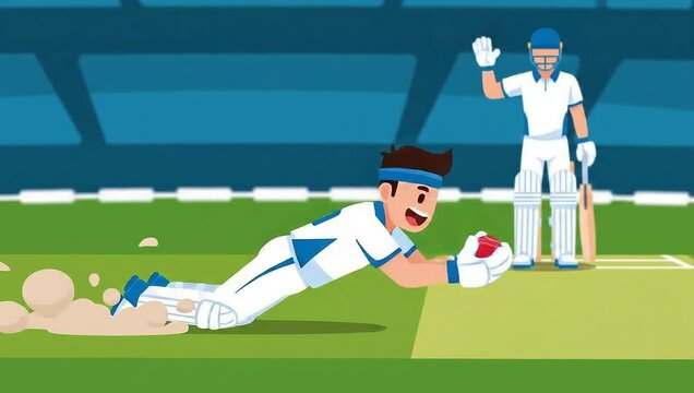 cartoon cricket fielder diving to stop ball in stadium hd 4k, fun cricket illustration of player saving boundary hd 4k