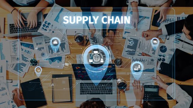 A vibrant business meeting focused on supply chain management showcases charts, graphs, and laptops, highlighting teamwork and strategic planning in a modern workspace. Raster