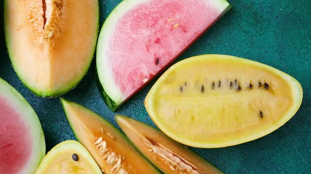 Watermelon and melon slices on a dark surface.