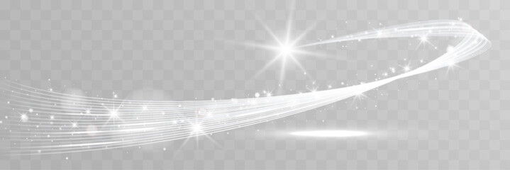 Abstract white glowing star trail with sparkling particles isolated on transparent background