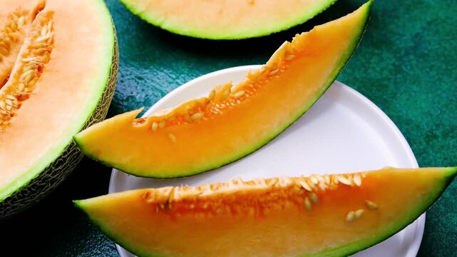 Orange melon slices on white plate with green textured background, close up
