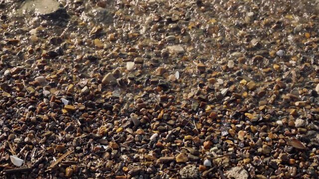 Sea or lake water washing over red pebbles and rocks by the shore coast. Wave tide washing on beach with stones and orange pebbles. Fresh water of river or lake. Top shot view as water comes in