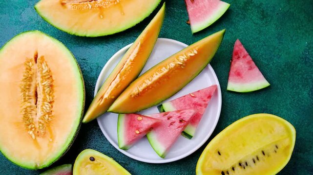 Ripe melon pieces and juicy watermelon slices arranged for a fresh summer spread.