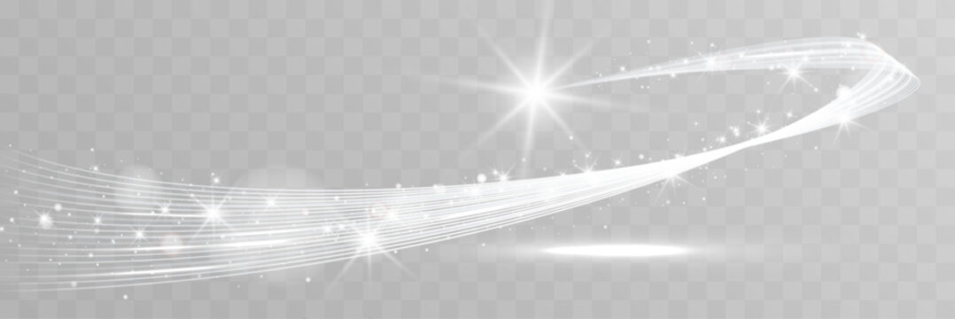 Abstract white glowing star trail with sparkling particles isolated on transparent background