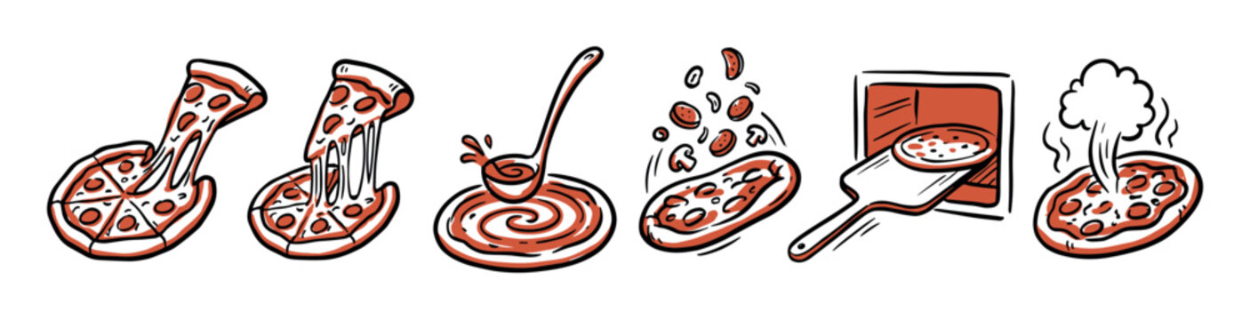 Hand-drawn pizza making illustration set showing the cooking process with sauce, toppings, baking in an oven, and a final hot slice with a long cheese pull