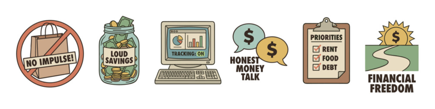 Set of six financial literacy icons showing budgeting, saving, tracking expenses, and achieving financial freedom in a retro hand-drawn illustrative style