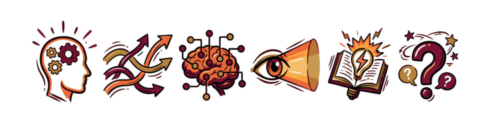 Collection of hand-drawn doodle icons representing cognitive processes, creativity, and learning, featuring a brain with nodes, a head with gears, and a book with a lightbulb