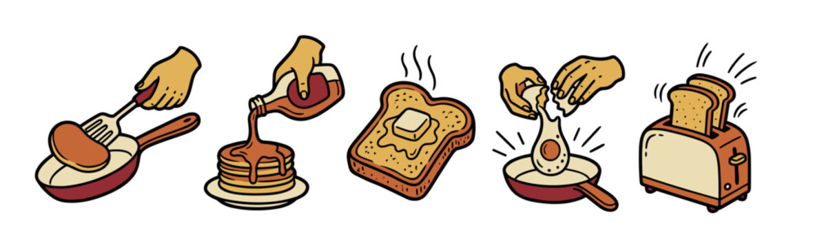 Collection of breakfast food cooking icons in a vintage doodle style showing hands preparing pancakes, toast with butter, fried eggs, and sausage in a frying pan