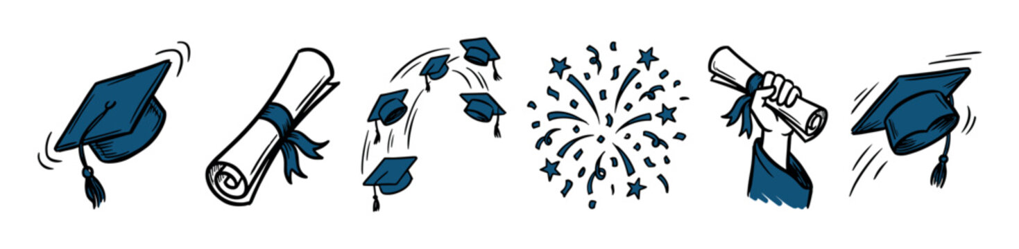 Set of hand-drawn graduation icons featuring a mortarboard cap, diploma scroll, and celebratory fireworks in a blue and black doodle sketch style for academic achievement concepts