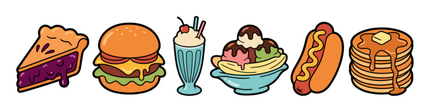 Collection of colorful cartoon diner food illustrations including a pie slice, burger, milkshake, banana split, hot dog, and pancakes, all drawn in a fun retro comic book style