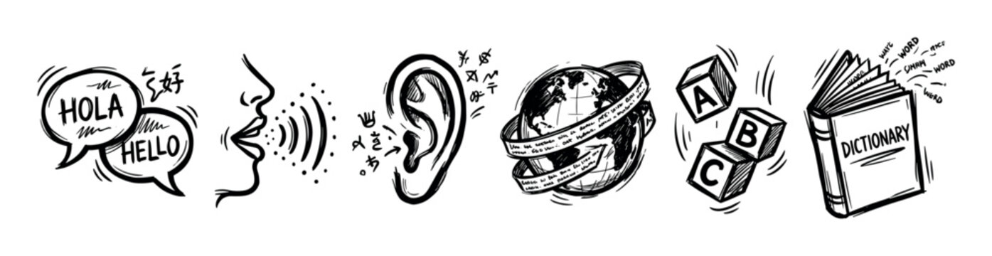 Collection of six hand-drawn language icons showing communication, translation, and learning concepts in a black and white sketch style including a dictionary, globe, and speech bubbles