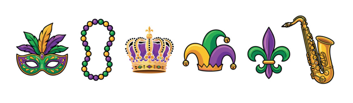 Collection of colorful Mardi Gras symbols including a feathered mask, beads, crown, jester hat, fleur-de-lis, and saxophone in a festive cartoon vector illustration style for celebration