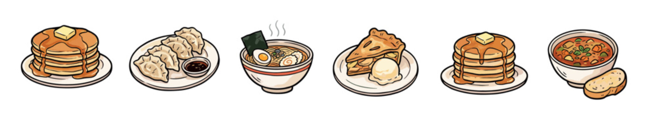 Collection of various food illustrations featuring pancakes, dumplings, ramen, apple pie with ice cream, and hearty stew in a charming hand-drawn comic book art style