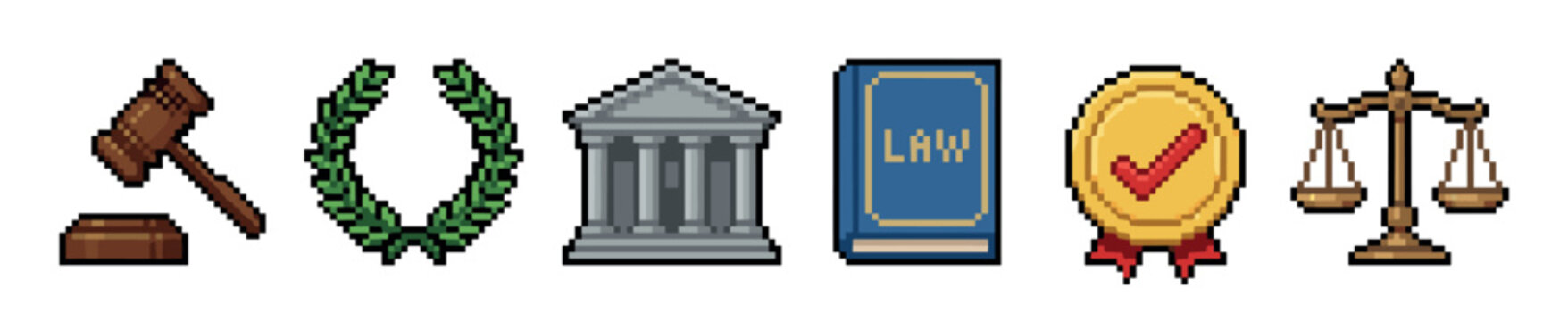 Pixel art law and justice icons set featuring a judge's gavel, laurel wreath, courthouse, law book, award medal, and balanced scales in a retro 8-bit video game style