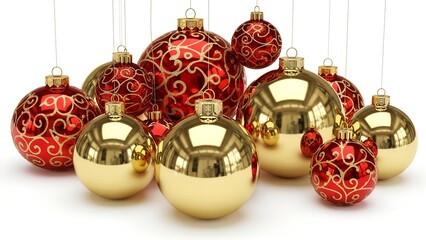 Shiny red and gold glass baubles and spherical ornaments are isolated on a white background for festive Christmas tree decorations during the winter holiday season and New Year celebration