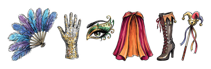 Set of colorful carnival costume accessories featuring a feather fan, sequined glove, ornate eye mask, cape, jester boot, and scepter, all rendered in a hand-drawn illustration style