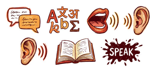 Set of hand-drawn communication icons representing language, learning, and dialogue, featuring sketchy speech bubbles, international letters, a speaking mouth, a listening ear, and an open book