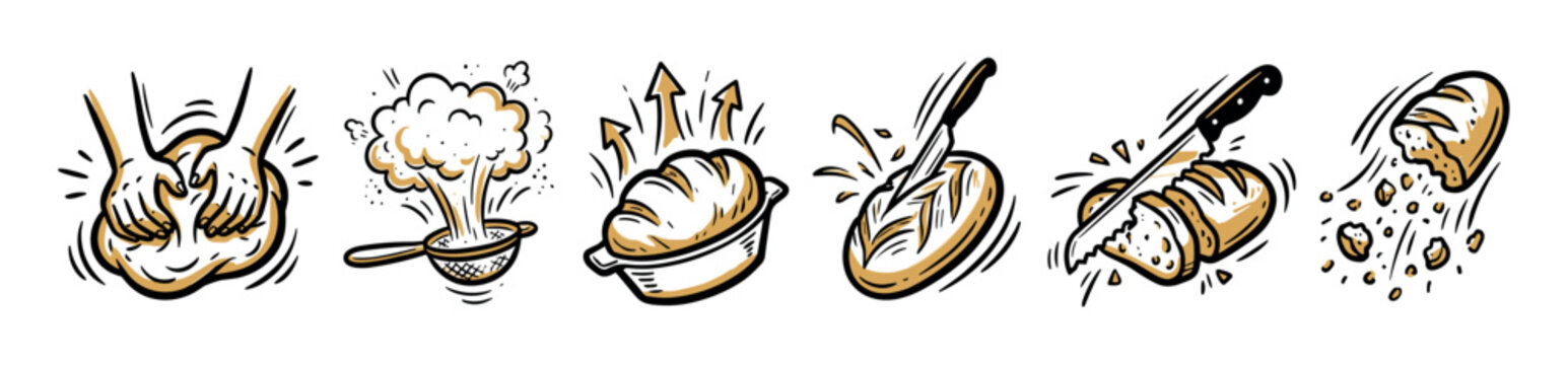Hand-drawn bread making process icon set showing kneading dough, sifting flour, baking, scoring, slicing, and crumbling a loaf, presented in a vintage cartoon illustration style