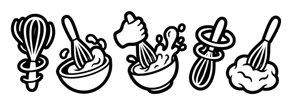 Set of six black line art icons showing a kitchen whisk mixing batter in a bowl, a hand whisking with splashes, and decorative swirls in a bold, graphic illustration style