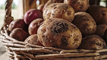 Freshly harvested potatoes in rustic basket with natural soil