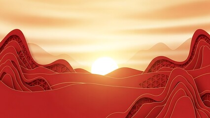 An abstract, layered landscape with stylized mountains and a sunset glow.