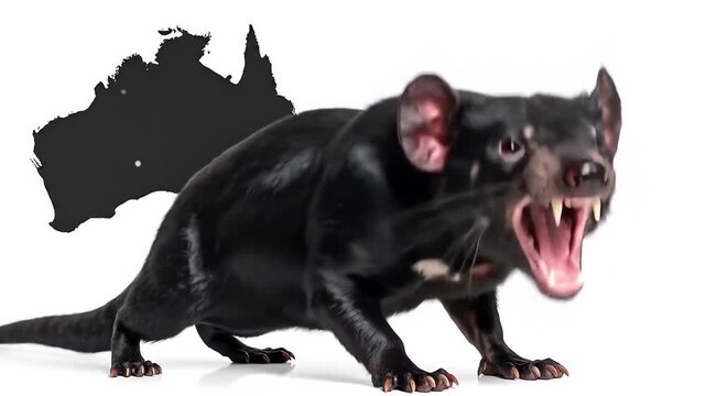 A menacing black creature with bared teeth, features white marks. Australia's silhouette is behind