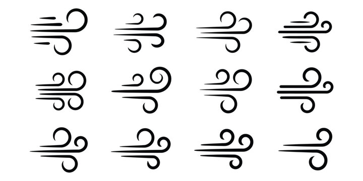 Wind icon set vector silhouette on white background, collection of air flow, breeze, and gust symbols, weather illustration, renewable energy concept, and high ranking design resource.