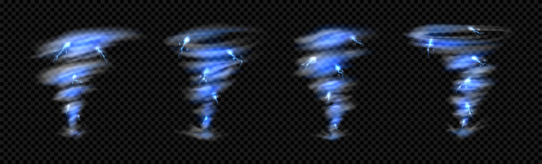 Set of realistic tornado storm. 3D vector templates of hurricane, tornado, air vortex funnel with lightning, whirlwind vortex isolated on checkered background. Transparent tornado storm collection.