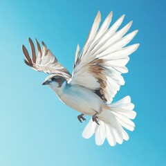 A small bird, likely a sparrow, in mid-flight against a clear, bright blue sky, with its wings spread wide and feathers detailed.