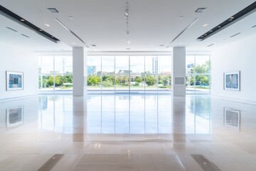 Bright, modern art gallery interior with polished marble floors, large windows showcasing a green outdoor landscape, and minimalist white walls displaying artwork.
