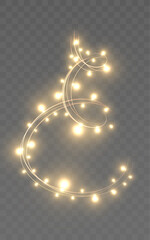 Golden glowing fairy light swirl shaped like christmas tree isolated on transparent background
