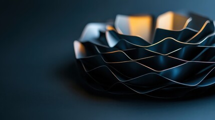 Abstract close-up of a dark, metallic object with layered, wavy, and folded surfaces, reflecting warm golden light and creating a sense of depth and texture.