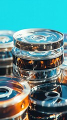Stack of shiny metallic food cans with transparent lids, showcasing preserved food items, with a vibrant blue background and reflections, creating a modern, clean aesthetic.